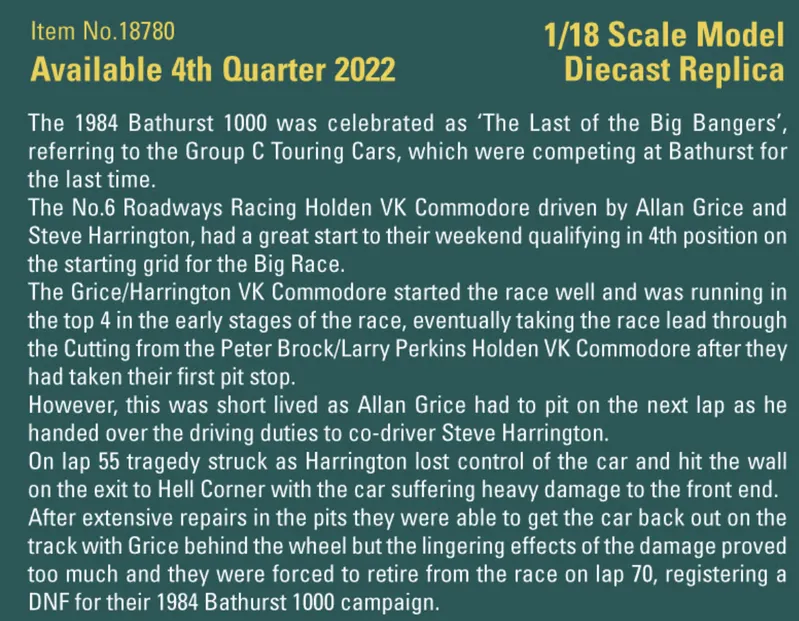 1:18 Holden VK Commodore 1984 Bathurst ‘Last of the Big Bangers’ 18780