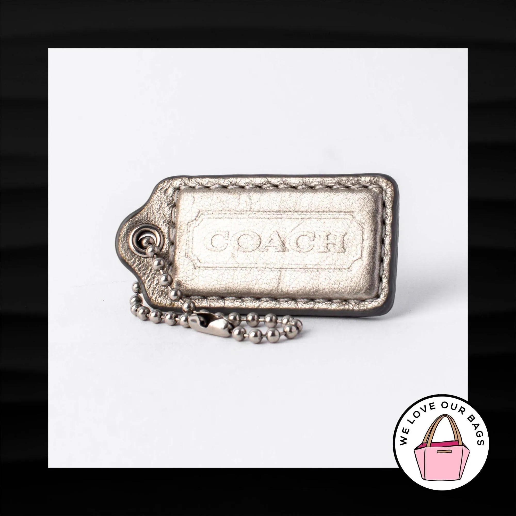 2" Medium COACH SILVER METALLIC LEATHER KEY FOB BAG CHARM KEYCHAIN HANGTAG TAG