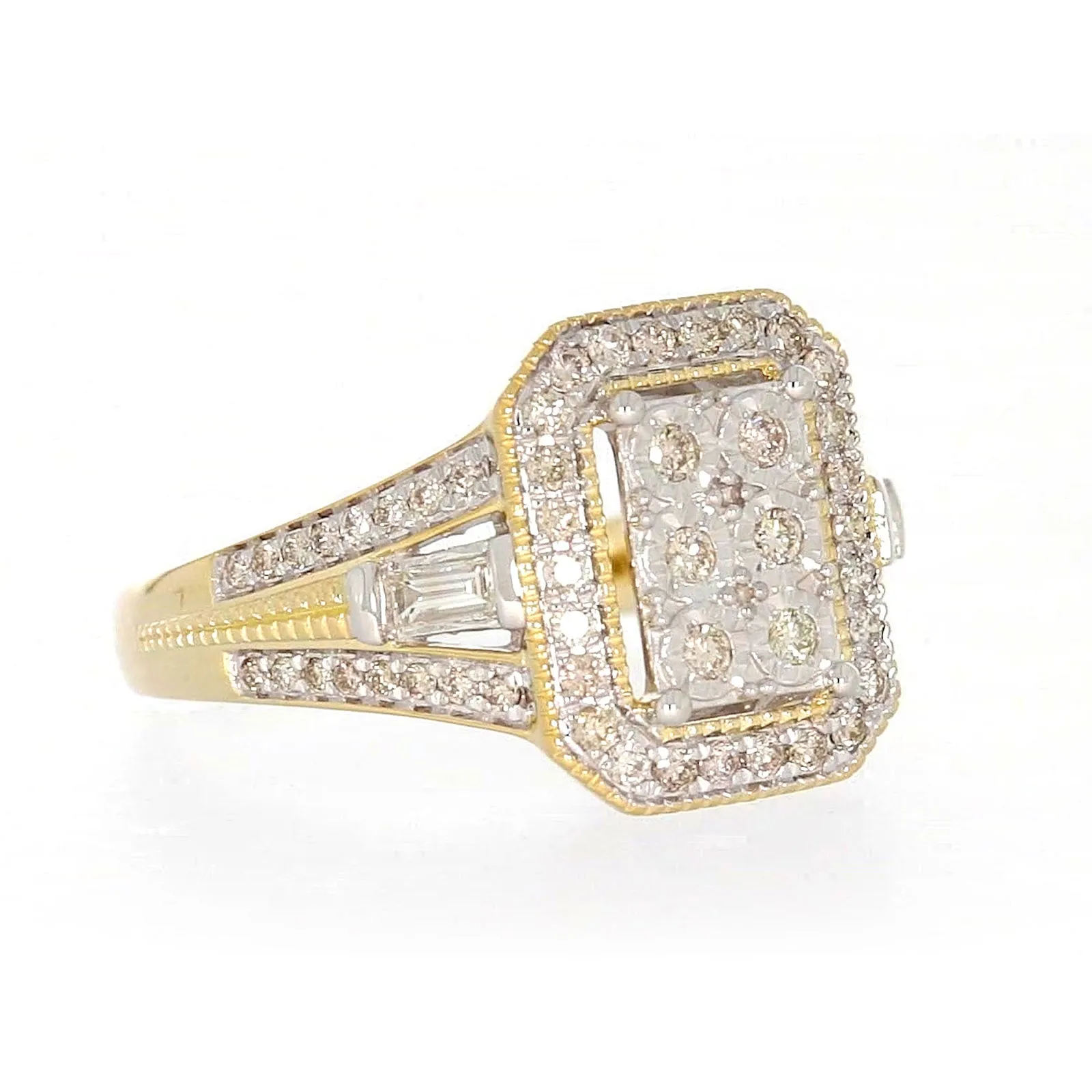 9ct Yellow Gold Round Brilliant & Baguette Cut 1/2 CARAT tw of Diamonds Ring