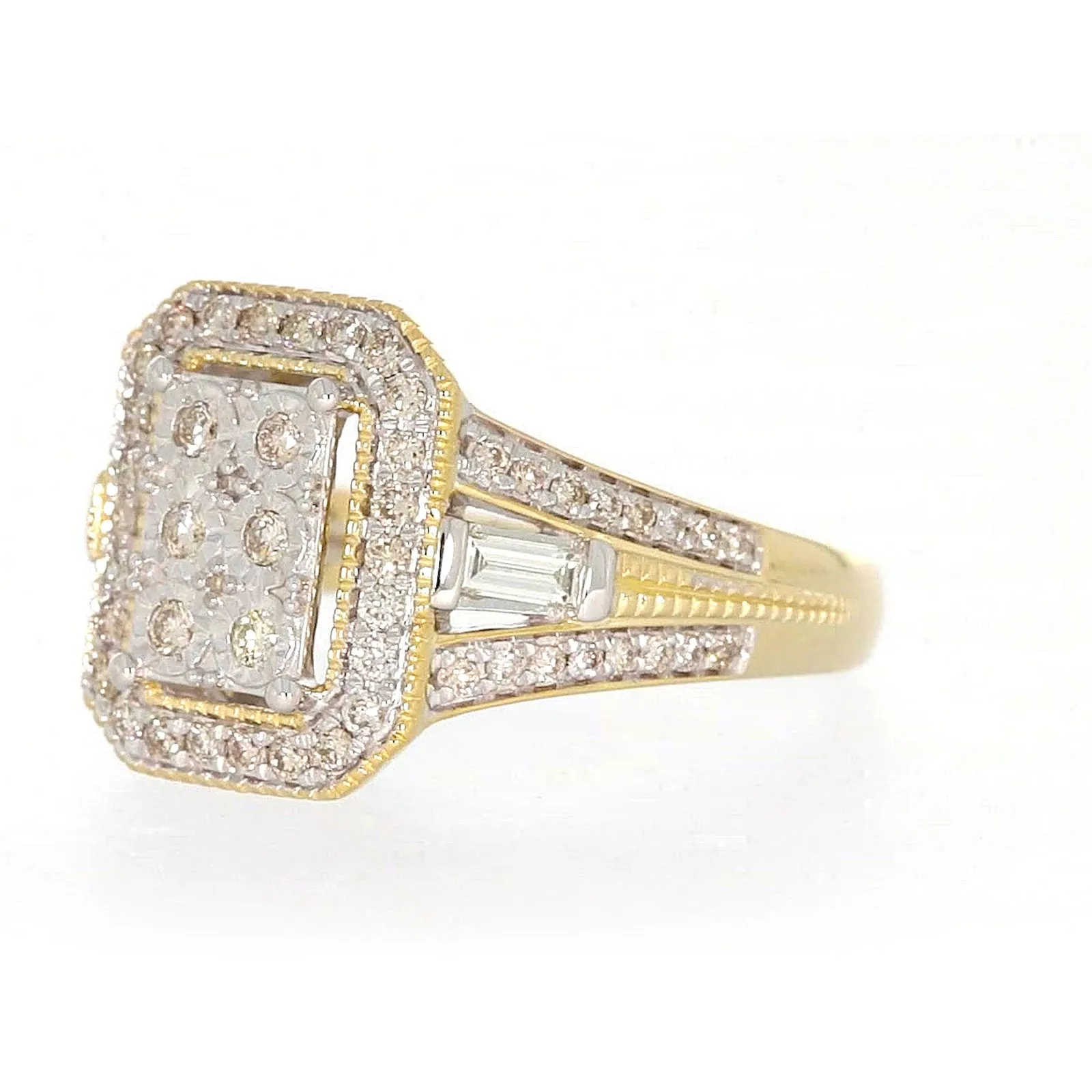 9ct Yellow Gold Round Brilliant & Baguette Cut 1/2 CARAT tw of Diamonds Ring
