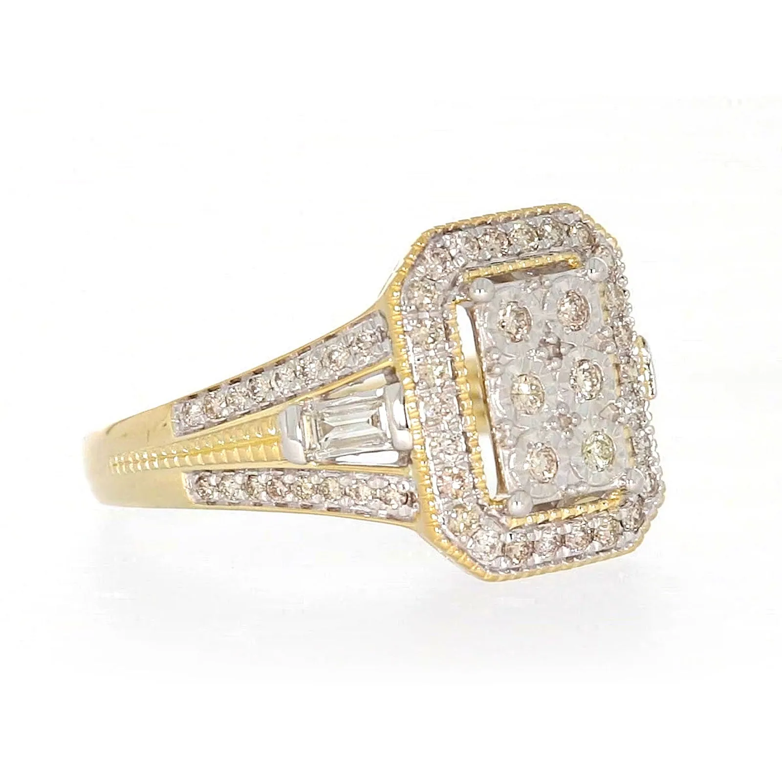 9ct Yellow Gold Round Brilliant & Baguette Cut 1/2 CARAT tw of Diamonds Ring