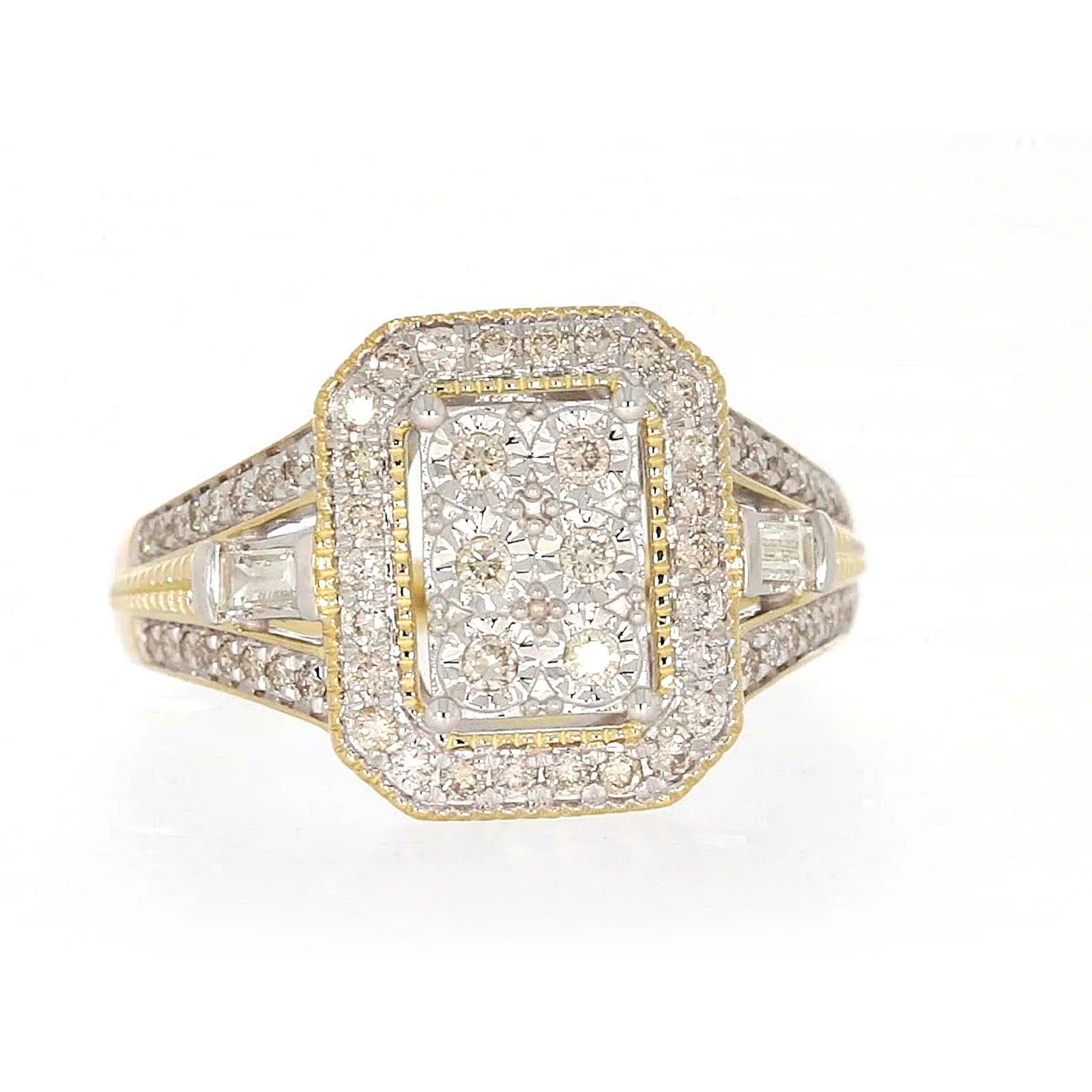 9ct Yellow Gold Round Brilliant & Baguette Cut 1/2 CARAT tw of Diamonds Ring