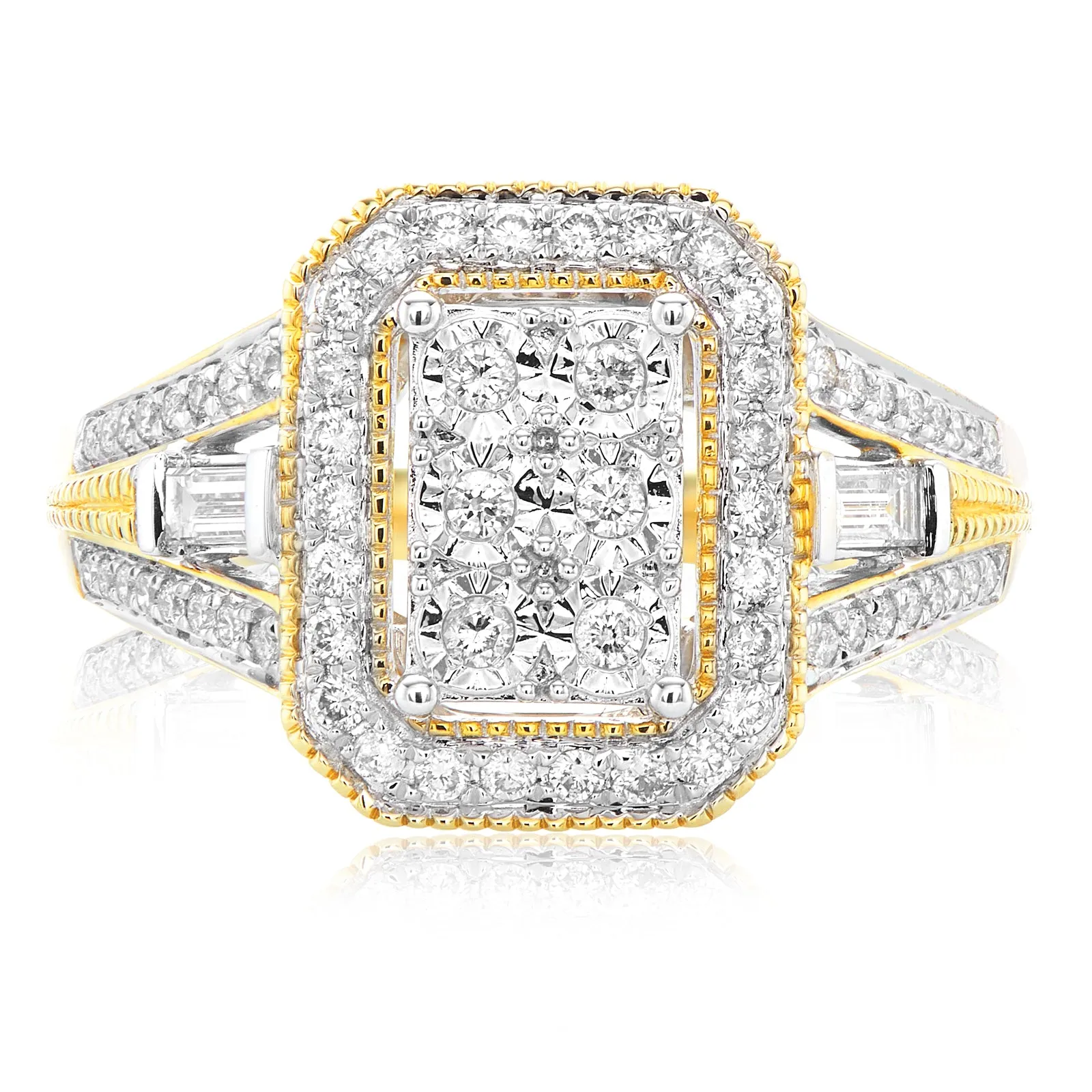 9ct Yellow Gold Round Brilliant & Baguette Cut 1/2 CARAT tw of Diamonds Ring