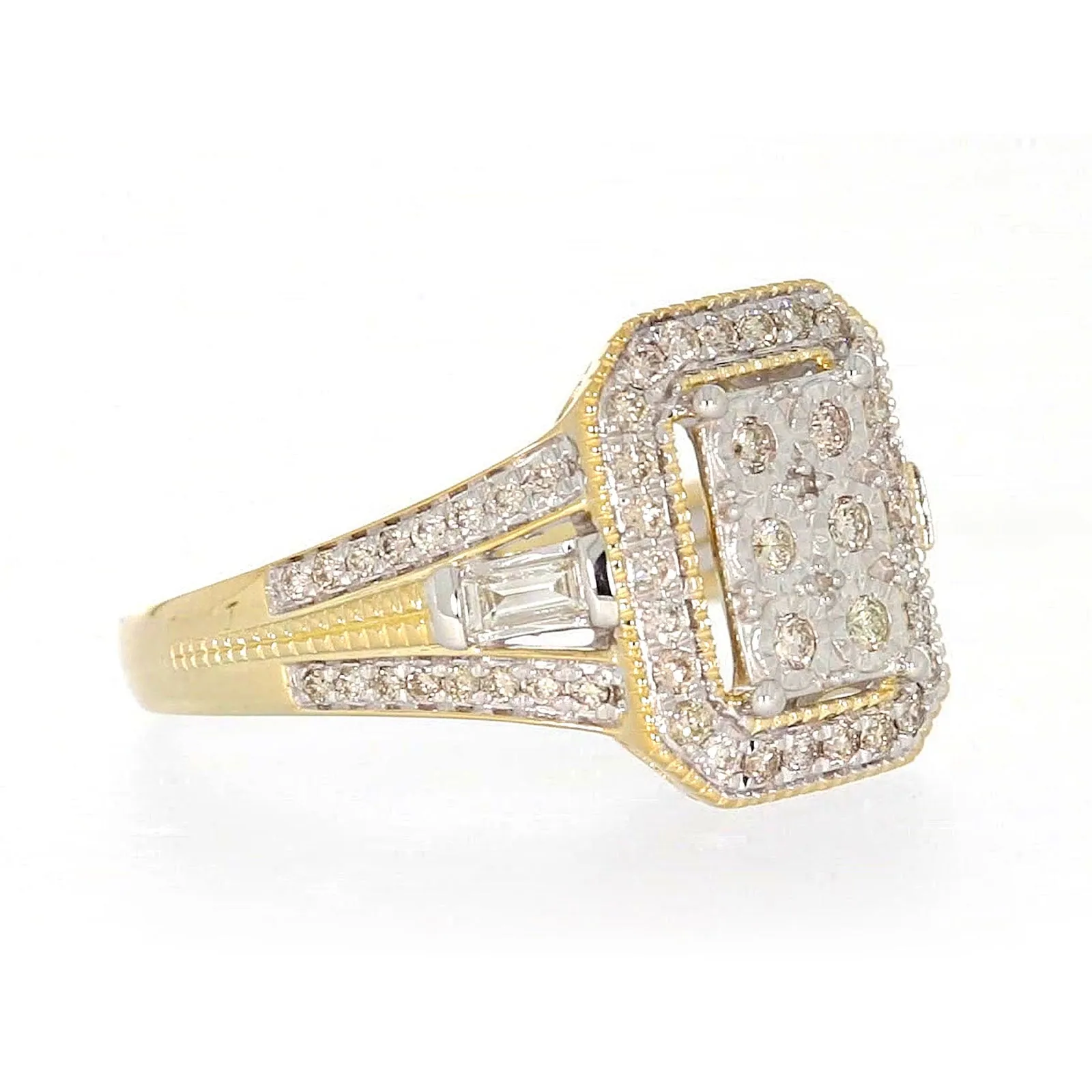 9ct Yellow Gold Round Brilliant & Baguette Cut 1/2 CARAT tw of Diamonds Ring