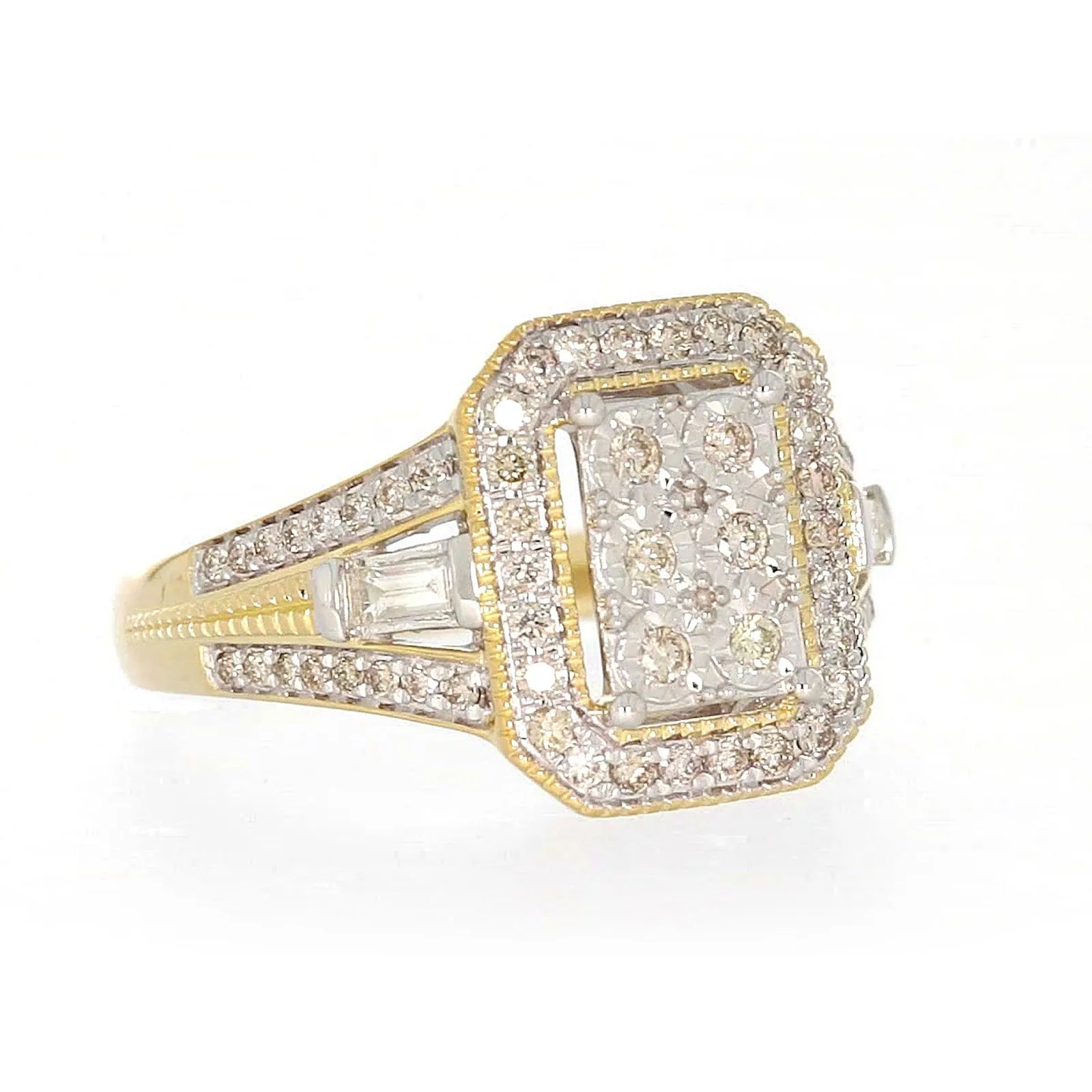 9ct Yellow Gold Round Brilliant & Baguette Cut 1/2 CARAT tw of Diamonds Ring