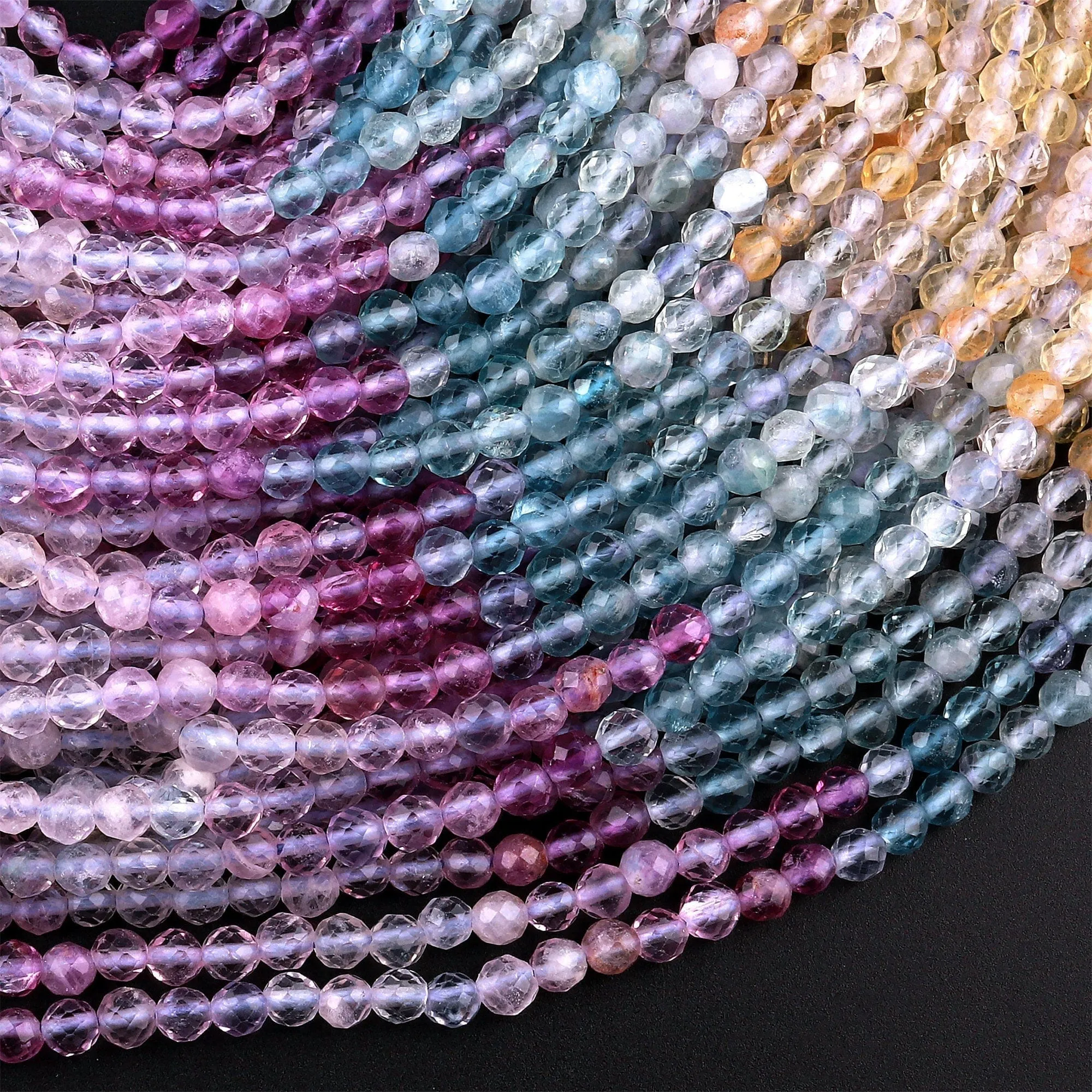 AAA Grade Gemmy Natural Multicolor Fluorite Faceted 3mm Round Beads Micro Laser Cut Purple Pink Green Blue Gemstone Bead 15.5" Strand