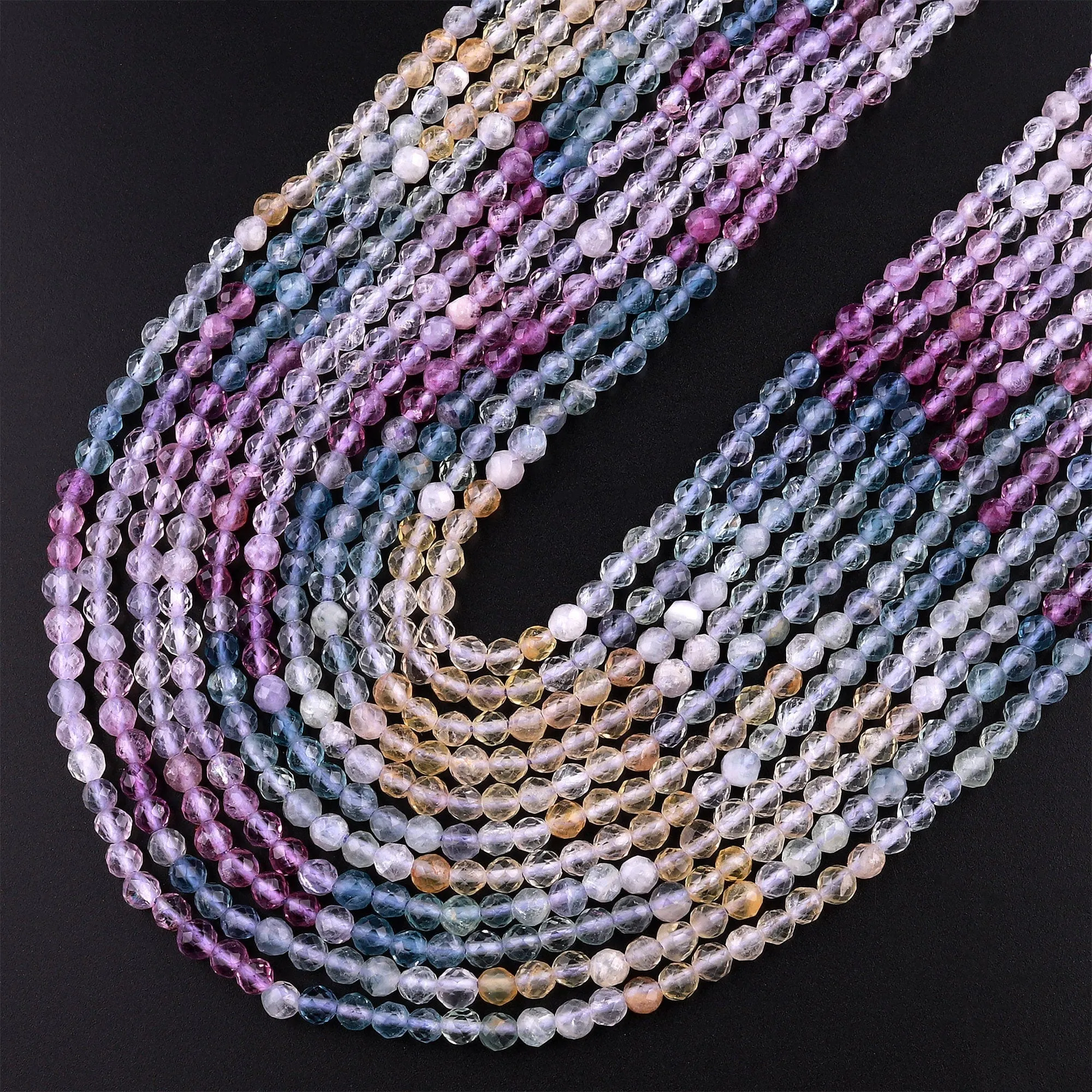 AAA Grade Gemmy Natural Multicolor Fluorite Faceted 3mm Round Beads Micro Laser Cut Purple Pink Green Blue Gemstone Bead 15.5" Strand