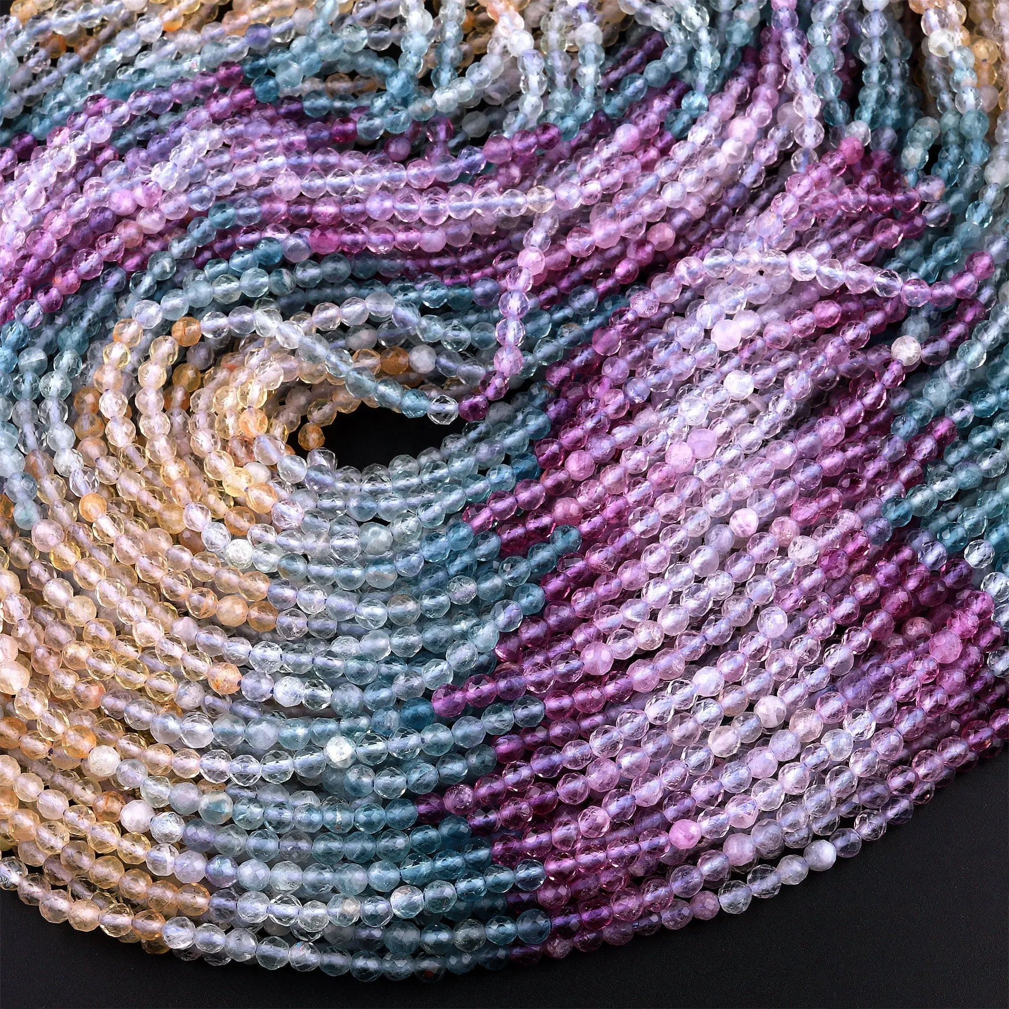 AAA Grade Gemmy Natural Multicolor Fluorite Faceted 3mm Round Beads Micro Laser Cut Purple Pink Green Blue Gemstone Bead 15.5" Strand