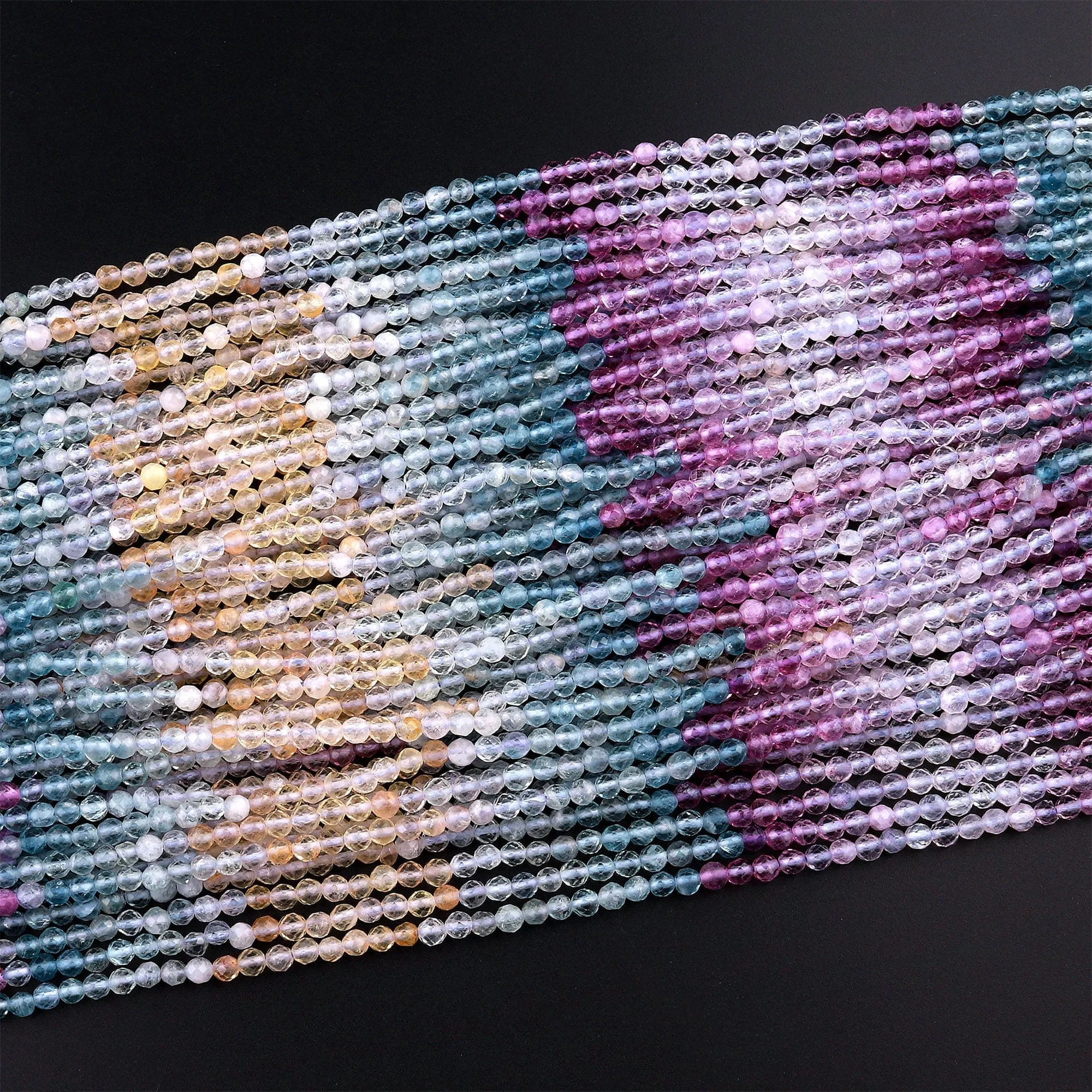 AAA Grade Gemmy Natural Multicolor Fluorite Faceted 3mm Round Beads Micro Laser Cut Purple Pink Green Blue Gemstone Bead 15.5" Strand