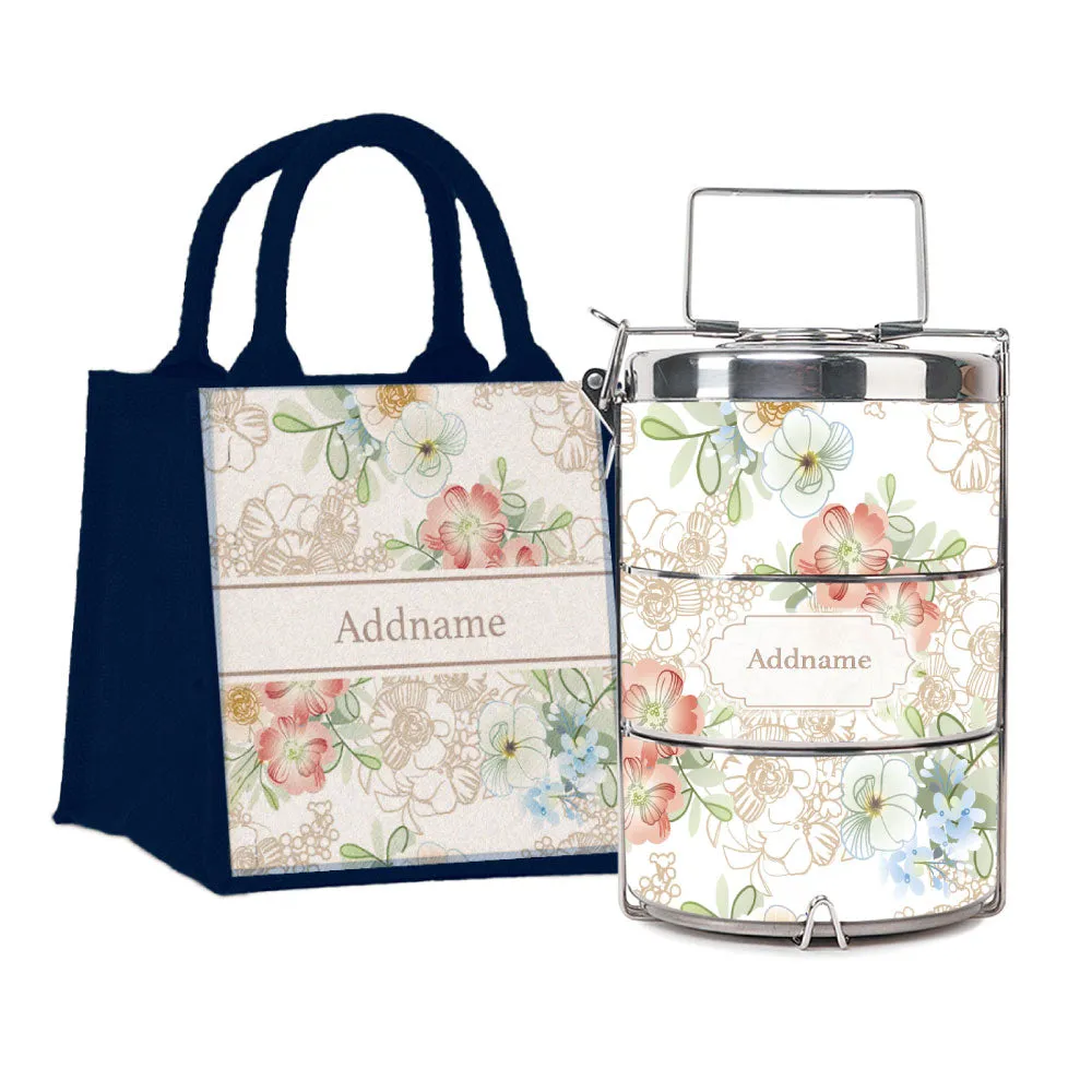 Abstract Fleur Flora Series 3-Tier Premium Small 11.5cm Tiffin Carrier [FREE Custom Add Name]
