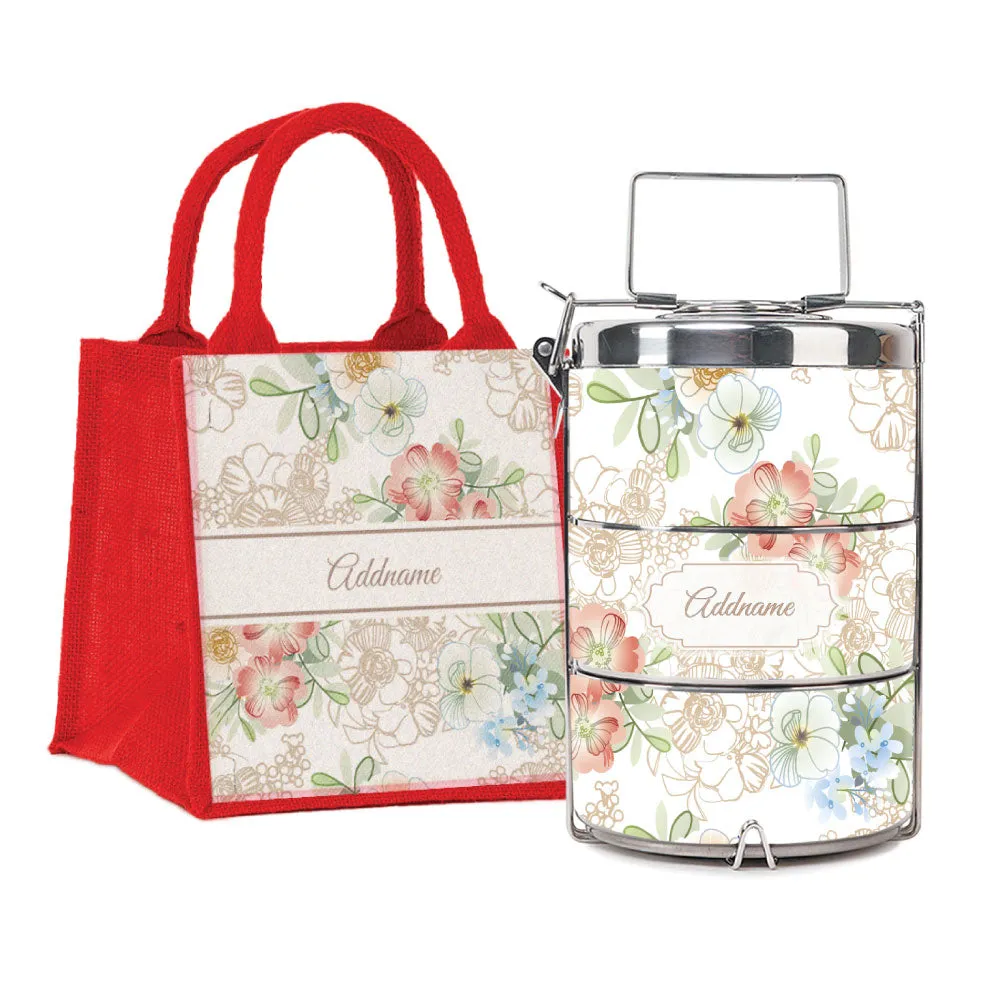 Abstract Fleur Flora Series 3-Tier Premium Small 11.5cm Tiffin Carrier [FREE Custom Add Name]