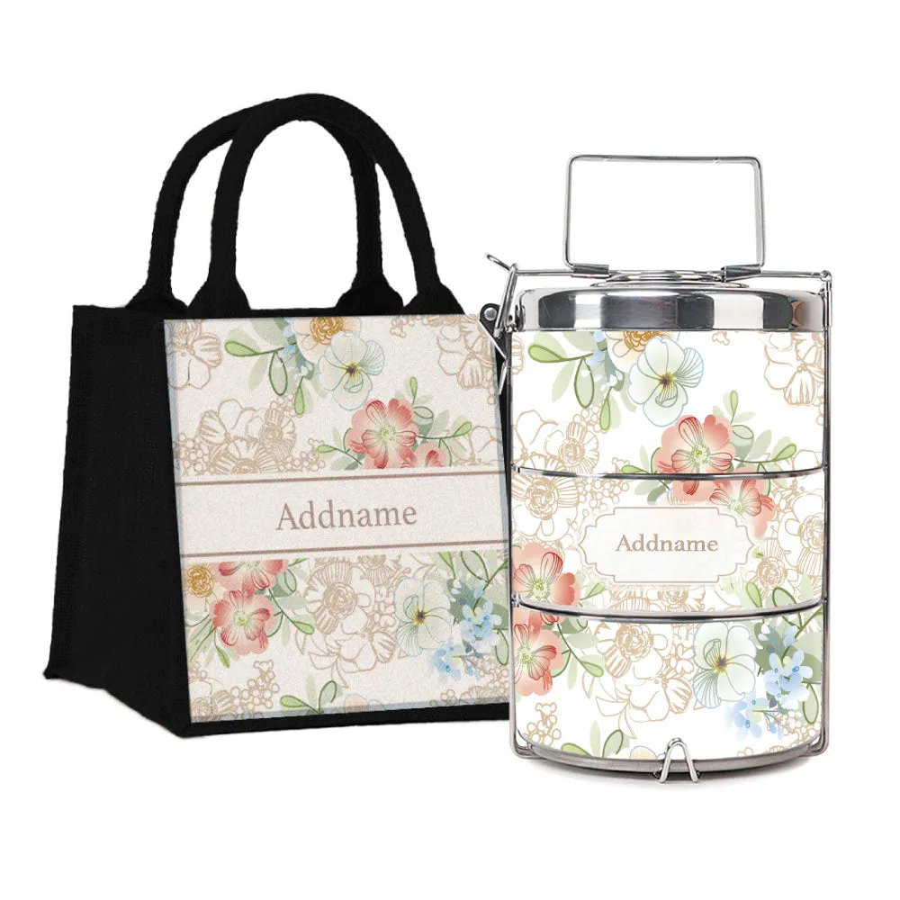 Abstract Fleur Flora Series 3-Tier Premium Small 11.5cm Tiffin Carrier [FREE Custom Add Name]