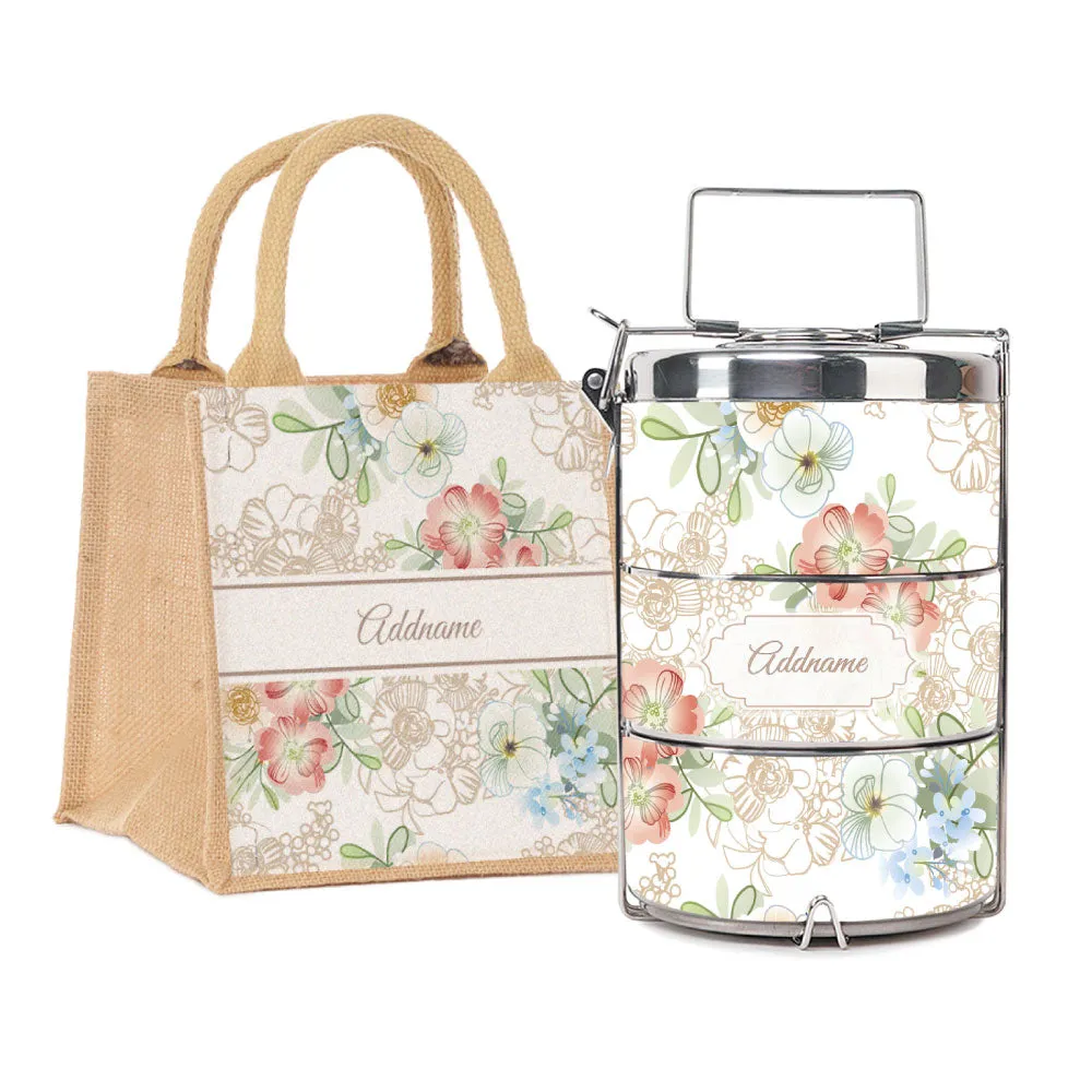 Abstract Fleur Flora Series 3-Tier Premium Small 11.5cm Tiffin Carrier [FREE Custom Add Name]