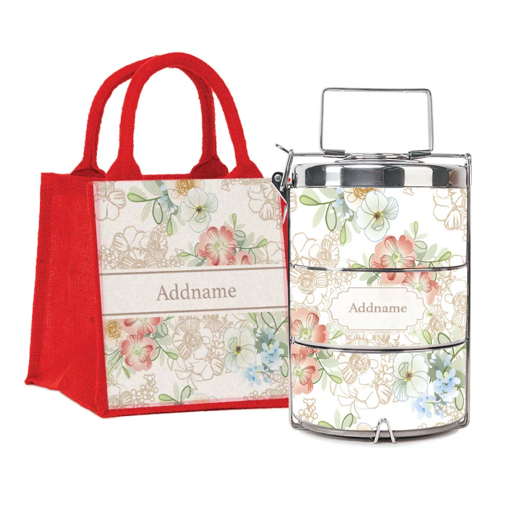 Abstract Fleur Flora Series 3-Tier Premium Small 11.5cm Tiffin Carrier [FREE Custom Add Name]