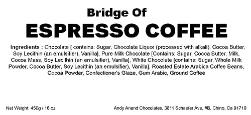 Andy Anand Belgian Chocolate coated Espresso Coffee Bridge of 5 Flavors, Delicious, Divine, Delectable - 1 lbs, Decadent Treats: Chocolate Gift Box for Special Occasions