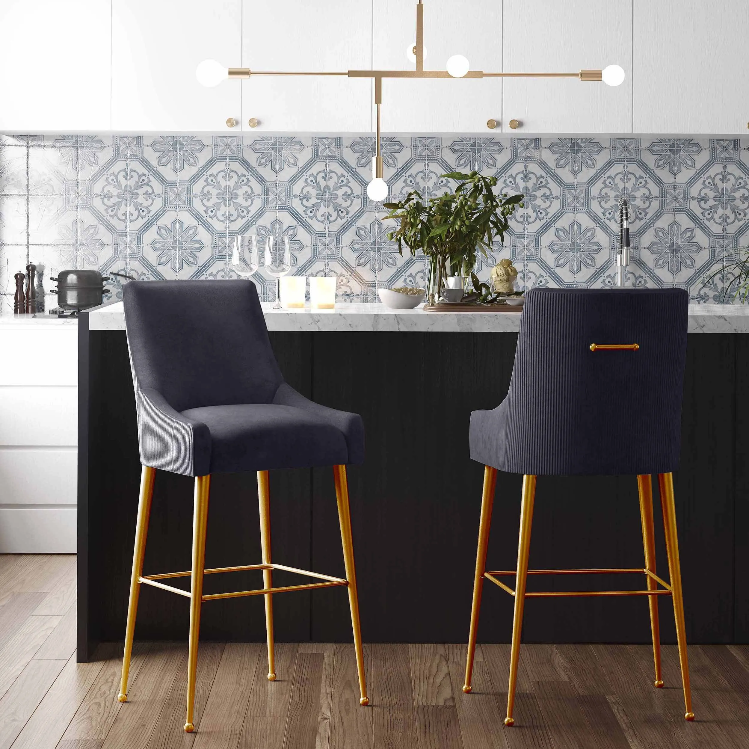 Beatrix Pleated Bar & Counter Stool, Grey/Brushed Gold Base