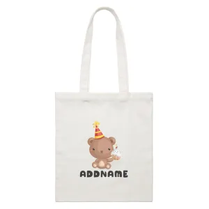 Birthday Friendly Animals Bear Holding Cupcake Addname White Canvas Bag