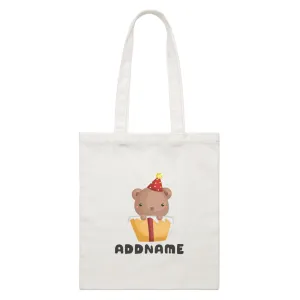 Birthday Friendly Animals Happy Bear Inside Present Box Addname White Canvas Bag