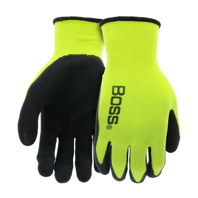 Boss Tactile Grip Series B31282-M Coated Gloves, M, Knit Wrist Cuff, Latex Coating, Polyester, Black/Hi-Viz Yellow :PR: QUANTITY: 1