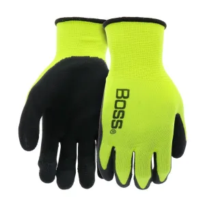 Boss Tactile Grip Series B31282-M Coated Gloves, M, Knit Wrist Cuff, Latex Coating, Polyester, Black/Hi-Viz Yellow :PR: QUANTITY: 1
