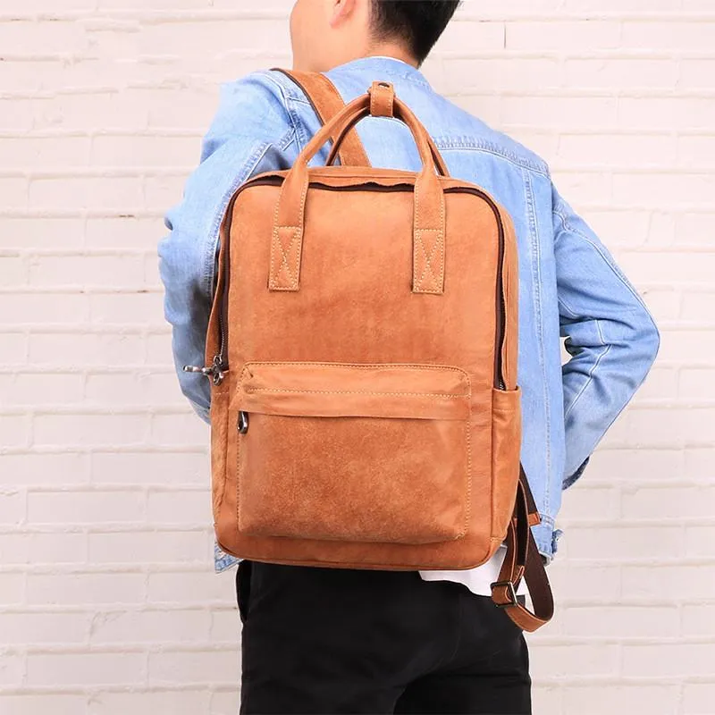 Brown Leather Mens School Backpack Travel Backpack Handbag 13inch Computer Backpack for Men