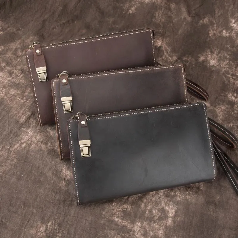 Brown MENS LEATHER Wristlet Wallet SLIM ZIPPER CLUTCH WRISTLET PURSE BAG CLUTCH BAG FOR MEN