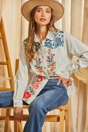 Button Down Striped Top w/ Embroidery