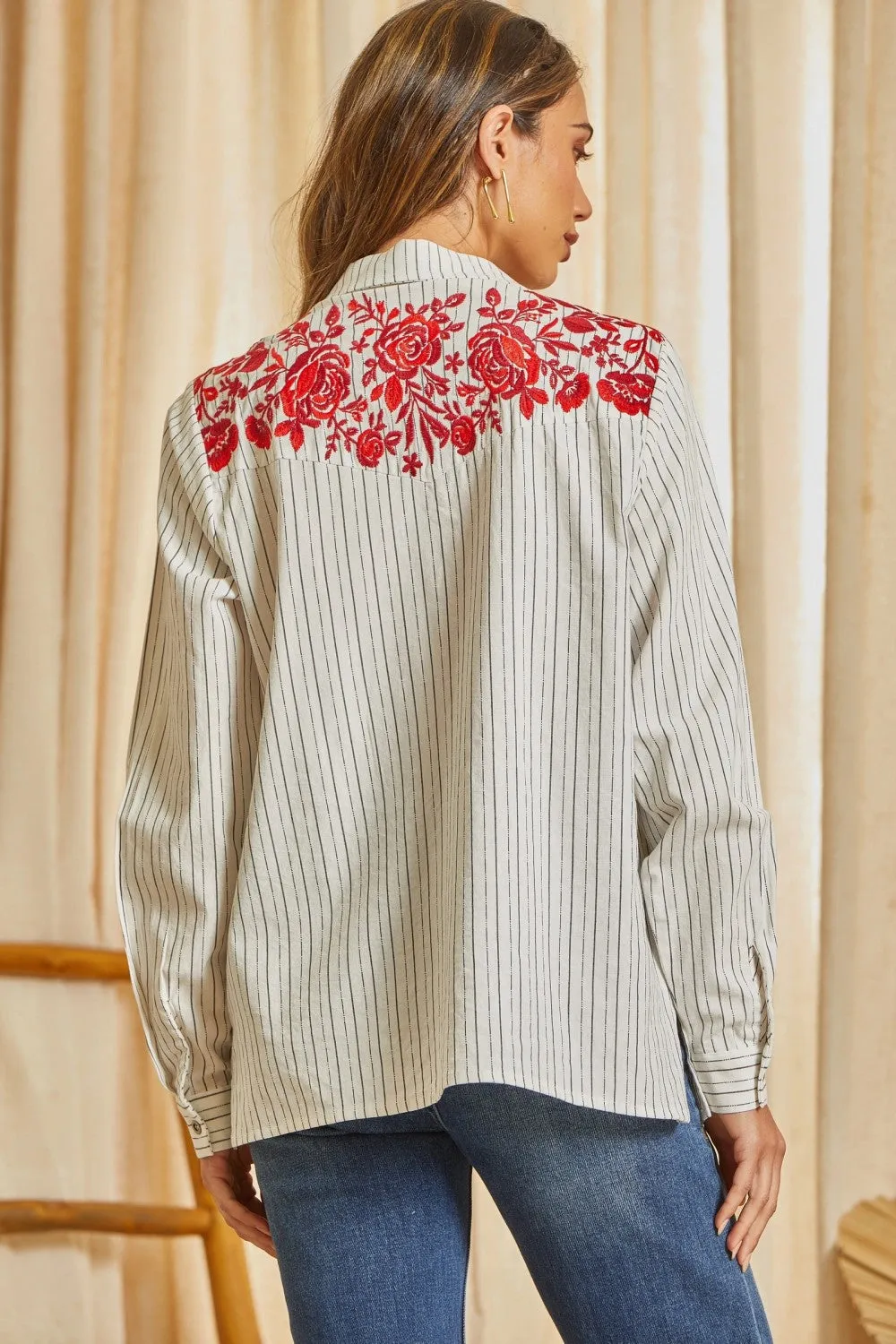 Button Down Striped Top w/ Embroidery