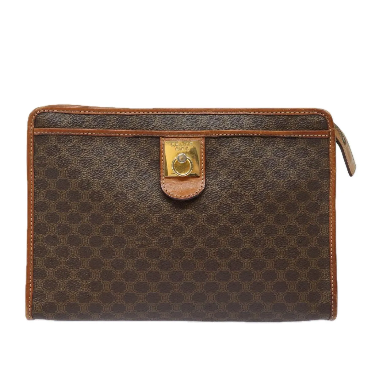 CELINE Macadam Canvas Clutch Bag PVC Leather Brown Auth 80913