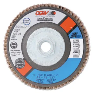 CGW Abrasives Flap Discs, A3 Aluminum Oxide, XL, 4 1/2", 80 Grit, 7/8 Arbor, 13,300 rpm, T27, 39445