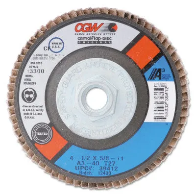 CGW Abrasives Flap Discs, A3 Aluminum Oxide, XL, 4 1/2", 80 Grit, 7/8 Arbor, 13,300 rpm, T27, 39445