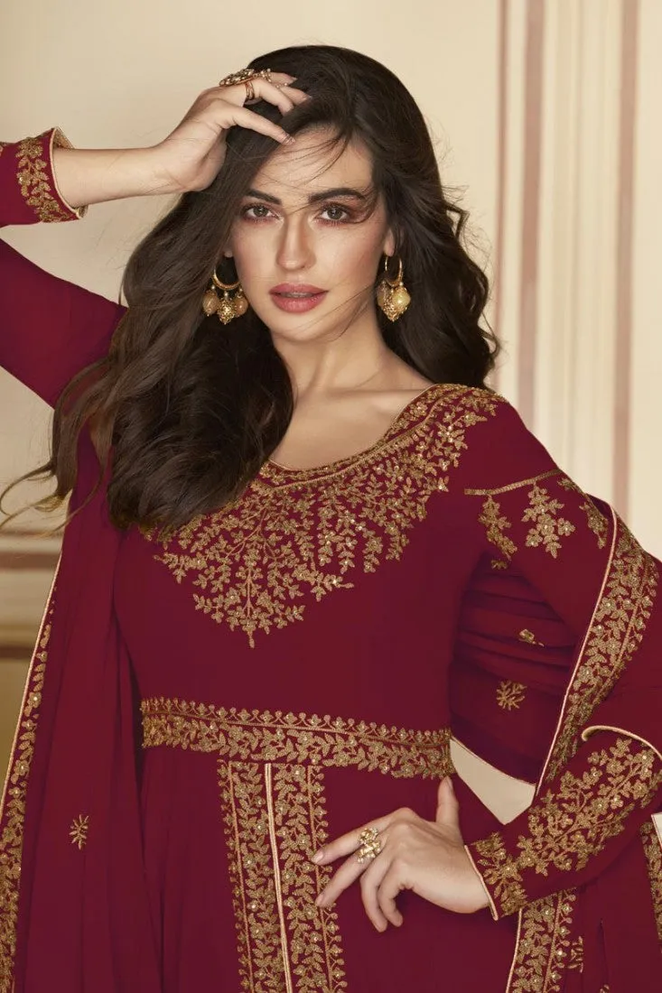 Dazzling Maroon Front Slit Party Wear Anarkali Suit