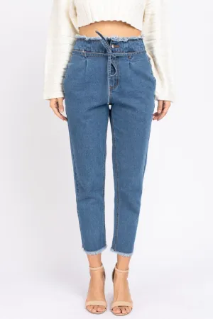 Denim Fray Hem Paper Bag Waist Pants