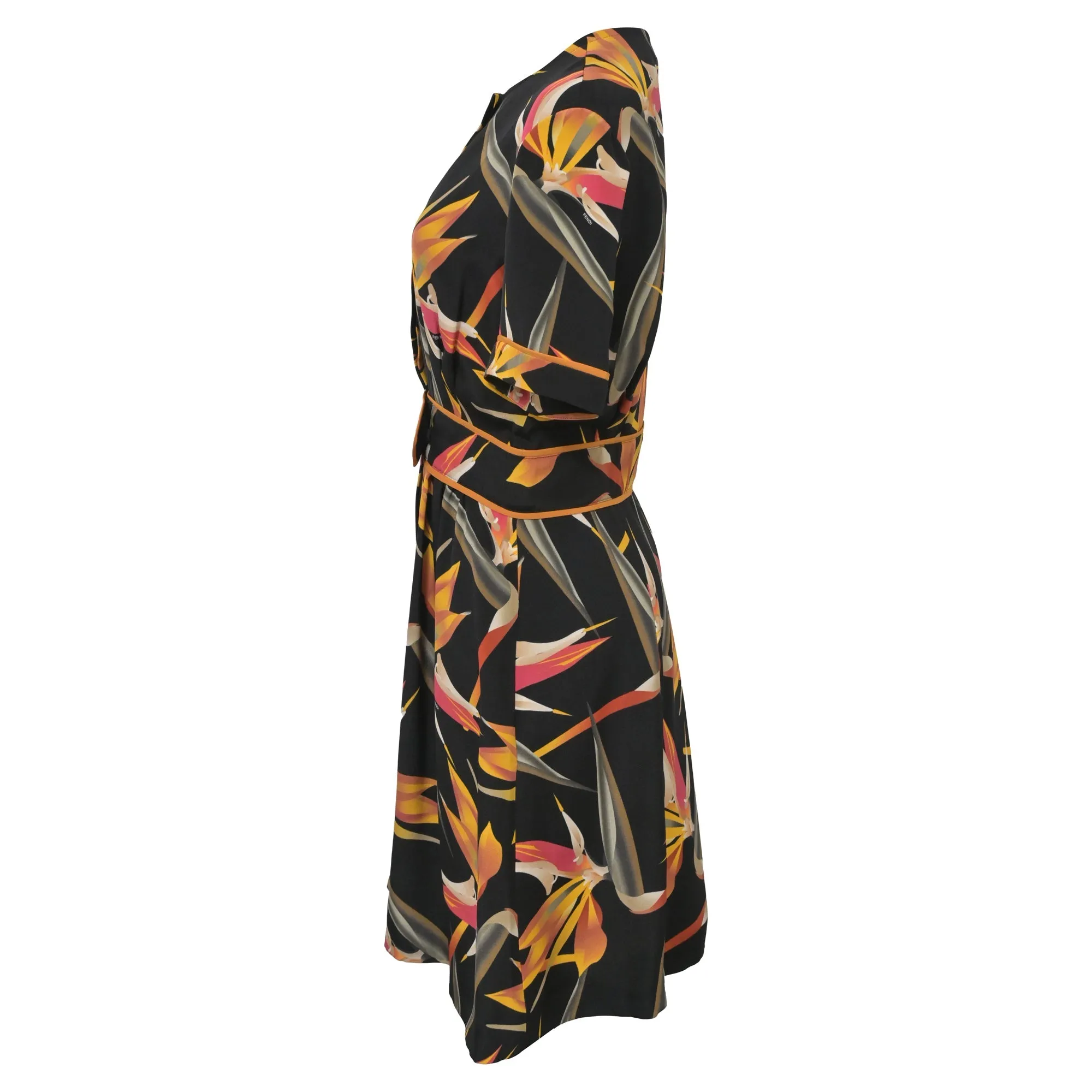 Fendi Mini Floral Printed Concealed Button Dress in Black Silk