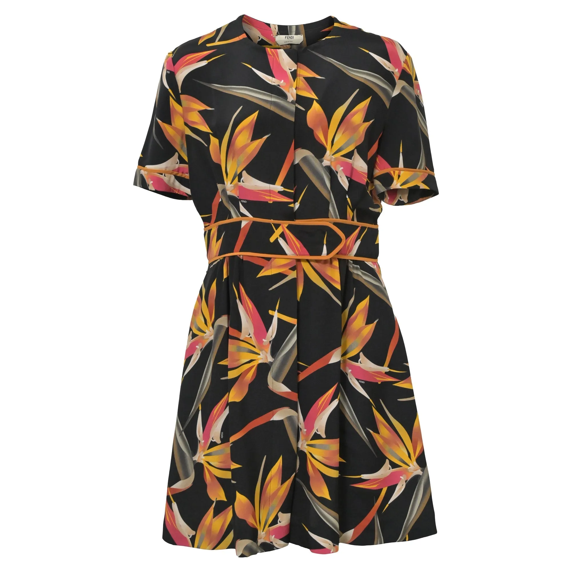 Fendi Mini Floral Printed Concealed Button Dress in Black Silk