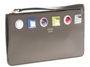 Fendi Rainbow Asphalt Gray Calf Leather Studs Wristlet Wallet 8M0341
