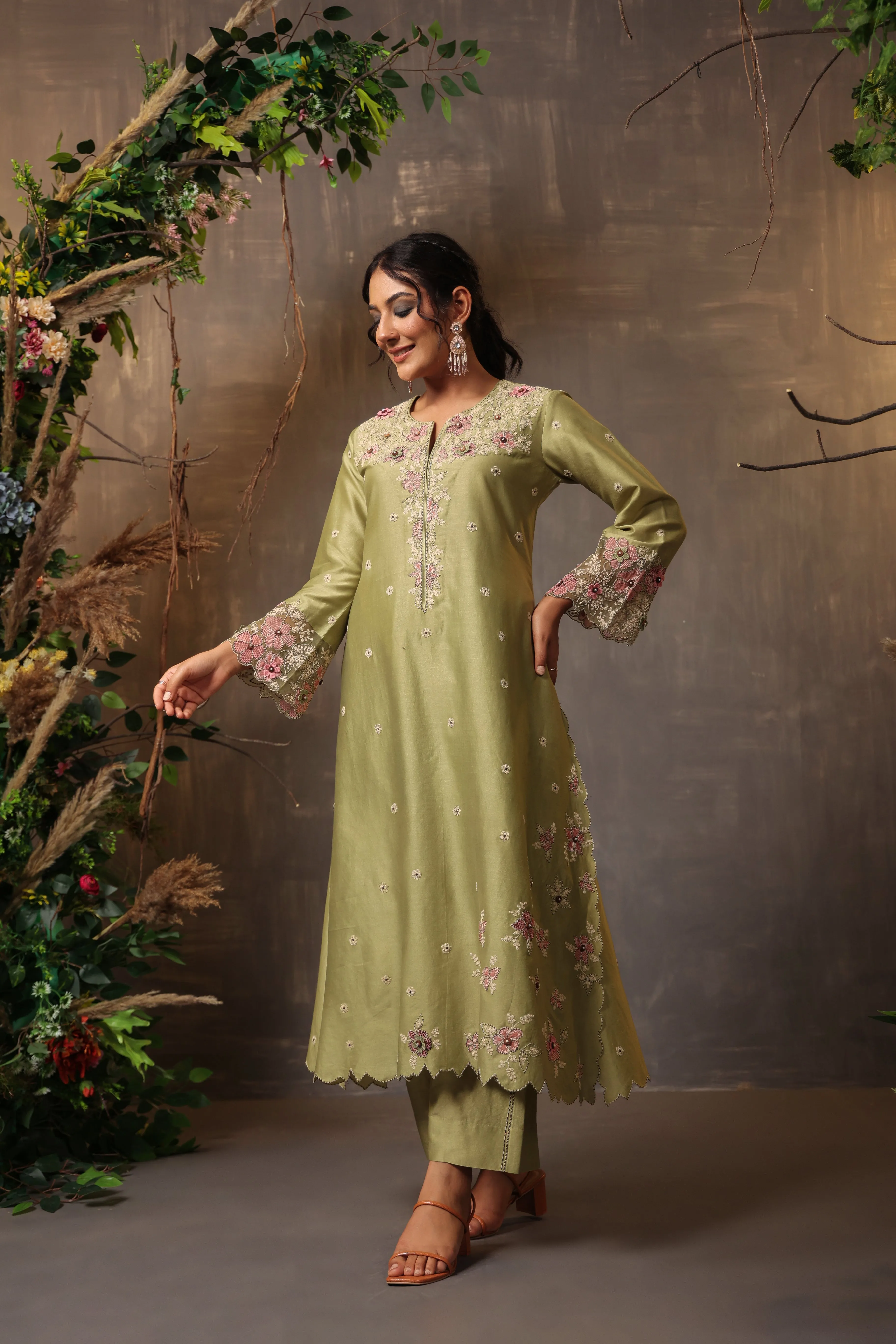 Gulshan Applique Kurta Set Green