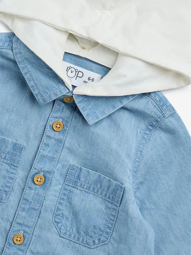 HOP Baby Blue Text Printed Hooded Denim Shirt