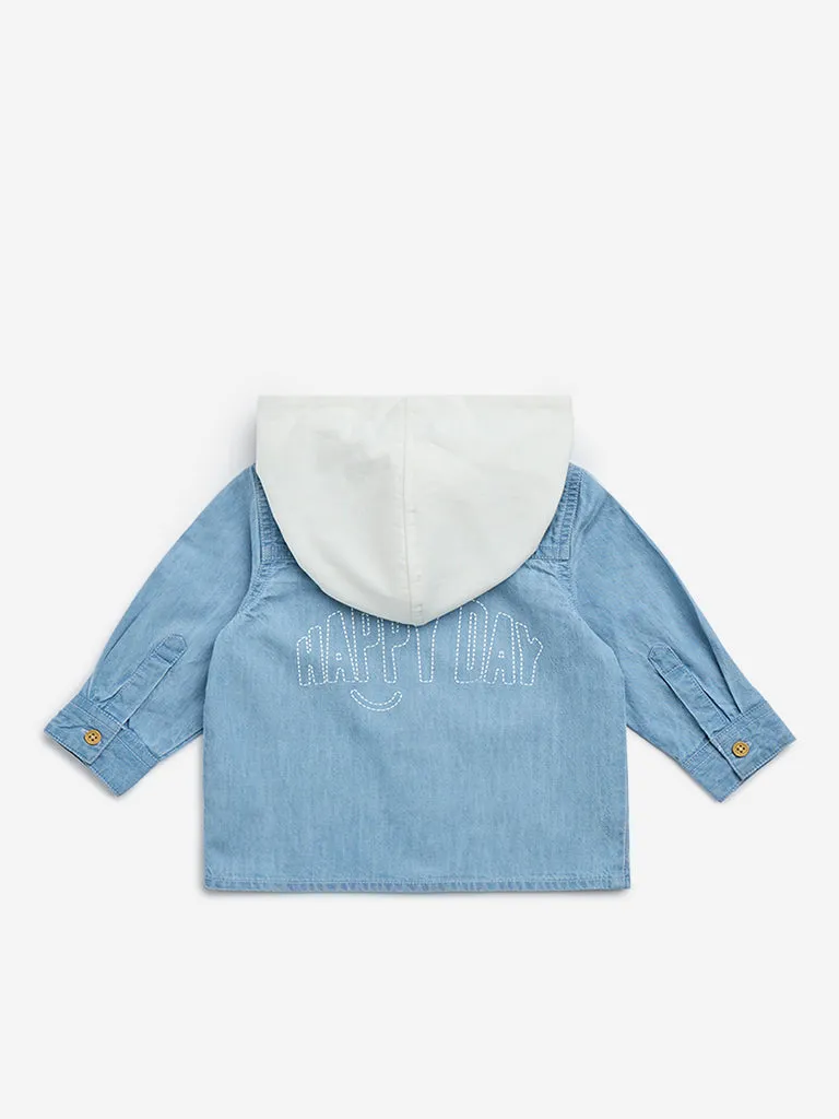 HOP Baby Blue Text Printed Hooded Denim Shirt