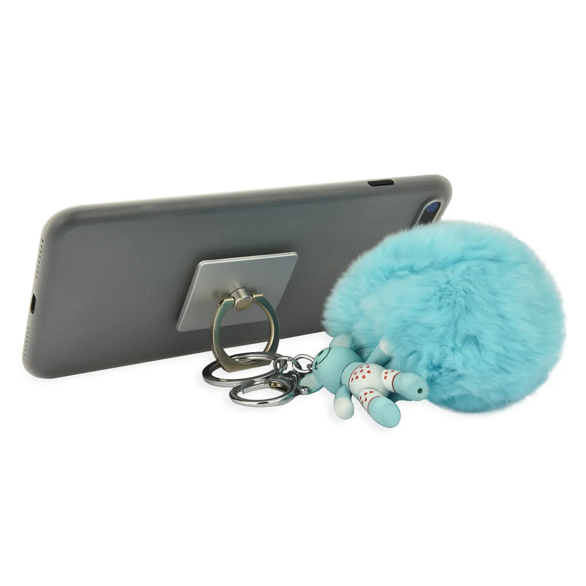 iOrigin Ring Grip/ Kick Stand   Furry Ball with Bear Key Chain for Mobile Phones & Tablets