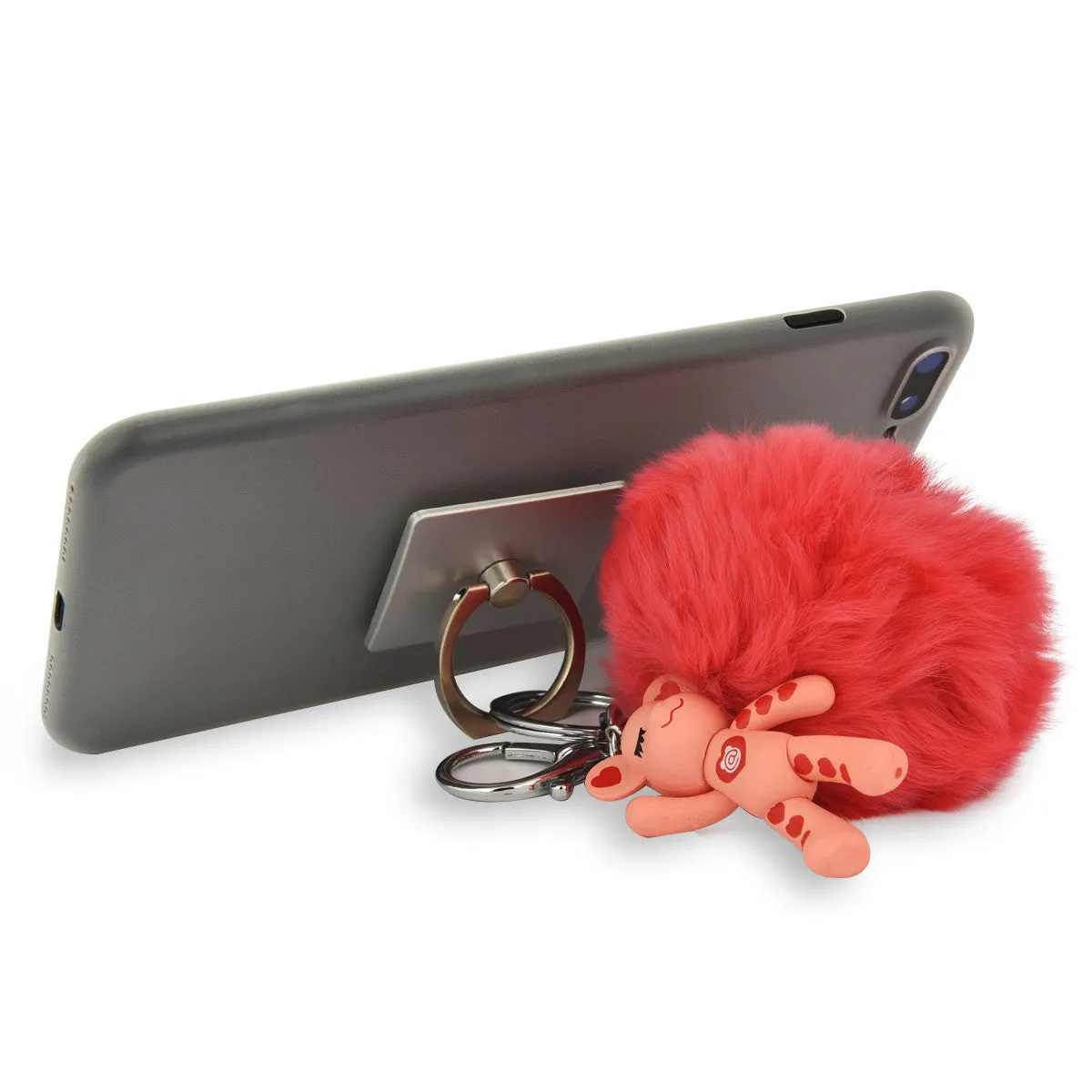 iOrigin Ring Grip/ Kick Stand   Furry Ball with Bear Key Chain for Mobile Phones & Tablets