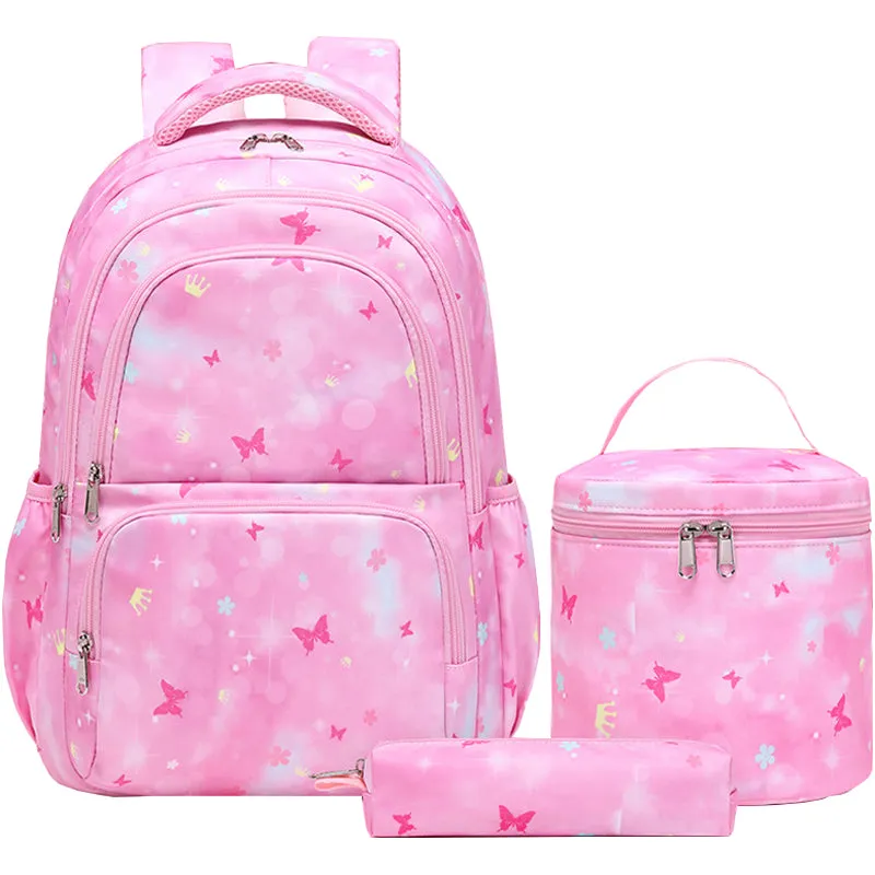 Kids Backpack With Lunch Box School Backpacks - Blue Pink Purple Book Bags For Girls Cute Butterfly Backpack Set With Lunch Pail Pencil Case Bookbag