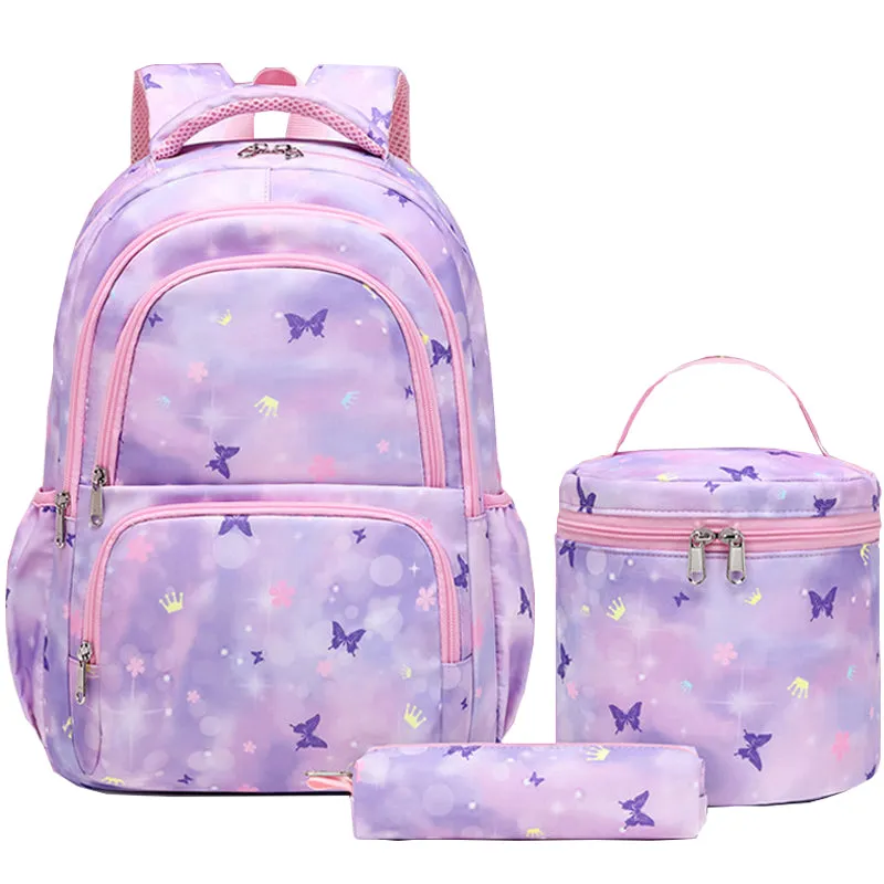 Kids Backpack With Lunch Box School Backpacks - Blue Pink Purple Book Bags For Girls Cute Butterfly Backpack Set With Lunch Pail Pencil Case Bookbag