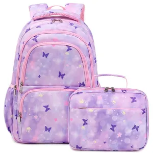 Kids Backpack With Lunch Box School Backpacks - Blue Pink Purple Book Bags For Girls Cute Butterfly Backpack Set With Lunch Pail Pencil Case Bookbag