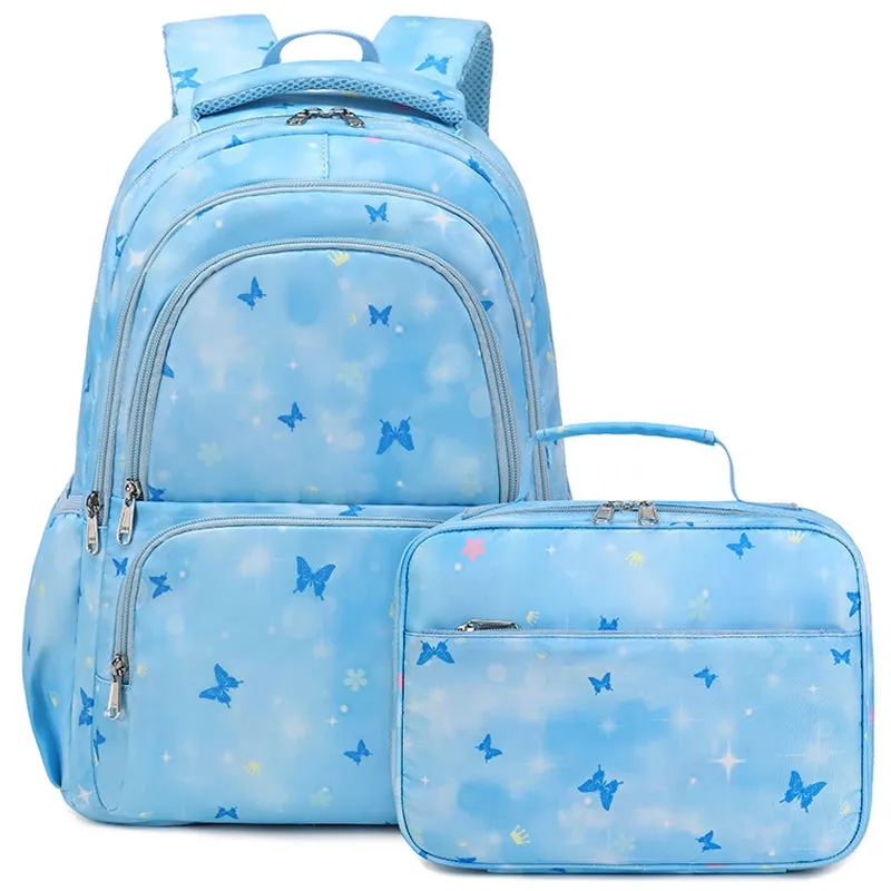 Kids Backpack With Lunch Box School Backpacks - Blue Pink Purple Book Bags For Girls Cute Butterfly Backpack Set With Lunch Pail Pencil Case Bookbag