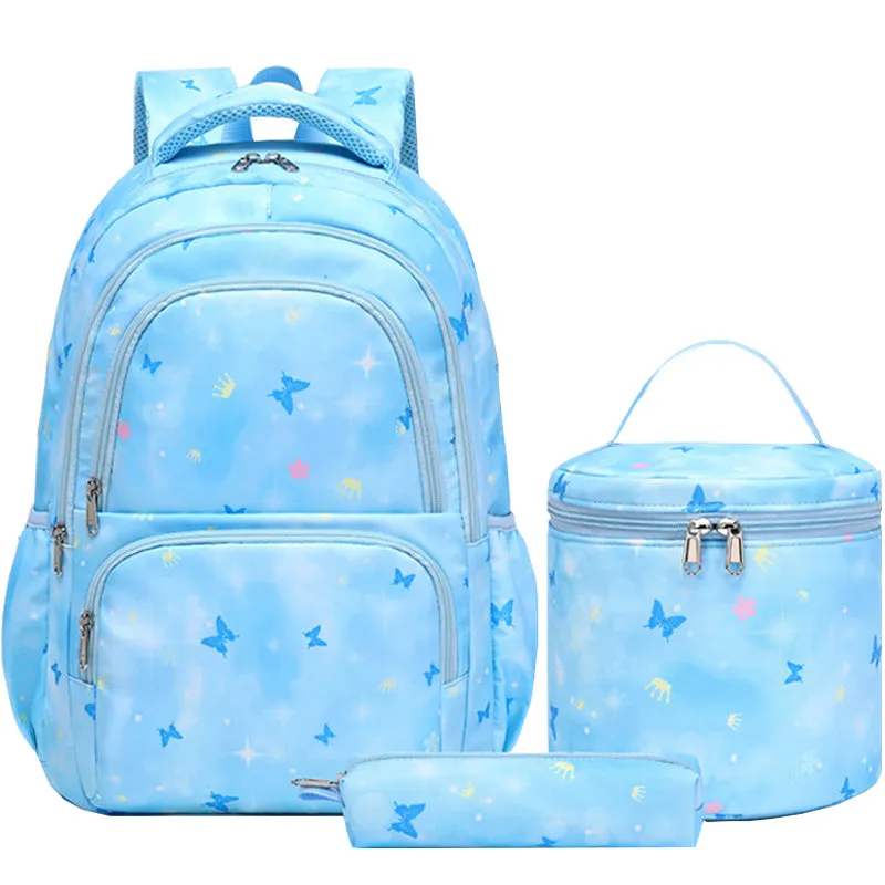 Kids Backpack With Lunch Box School Backpacks - Blue Pink Purple Book Bags For Girls Cute Butterfly Backpack Set With Lunch Pail Pencil Case Bookbag