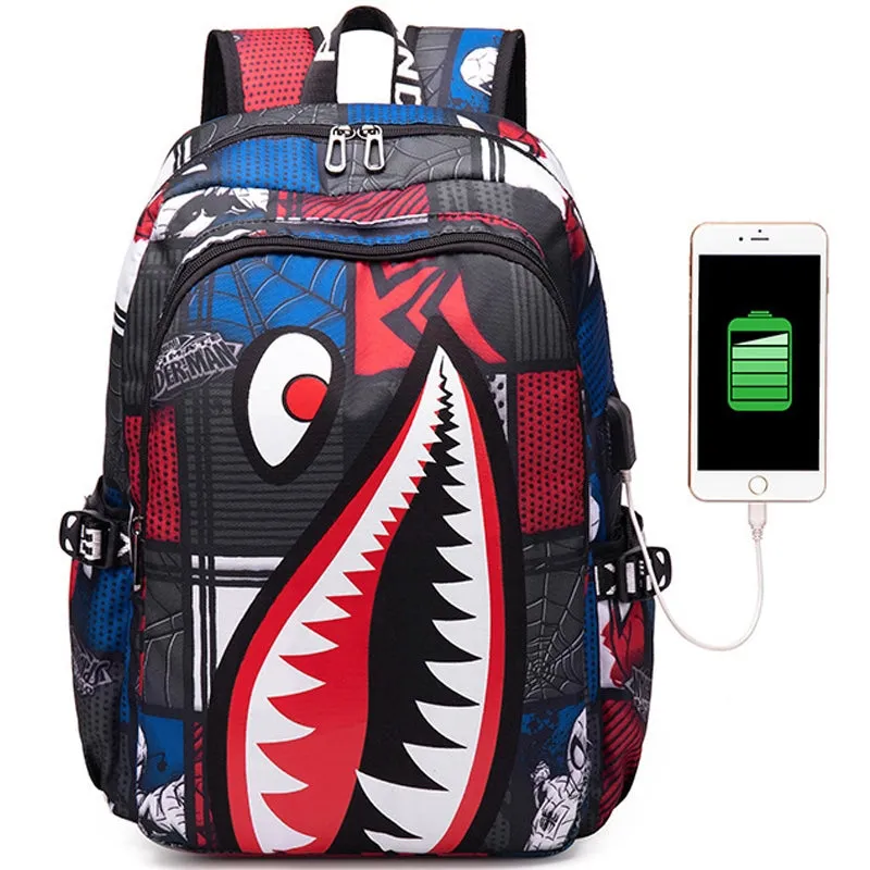 Kids USB Unique Shark Teeth School Backpacks - Black Blue Red Book Bags For Boys For Primary/Middle School