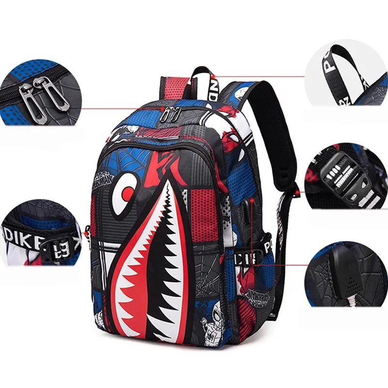 Kids USB Unique Shark Teeth School Backpacks - Black Blue Red Book Bags For Boys For Primary/Middle School