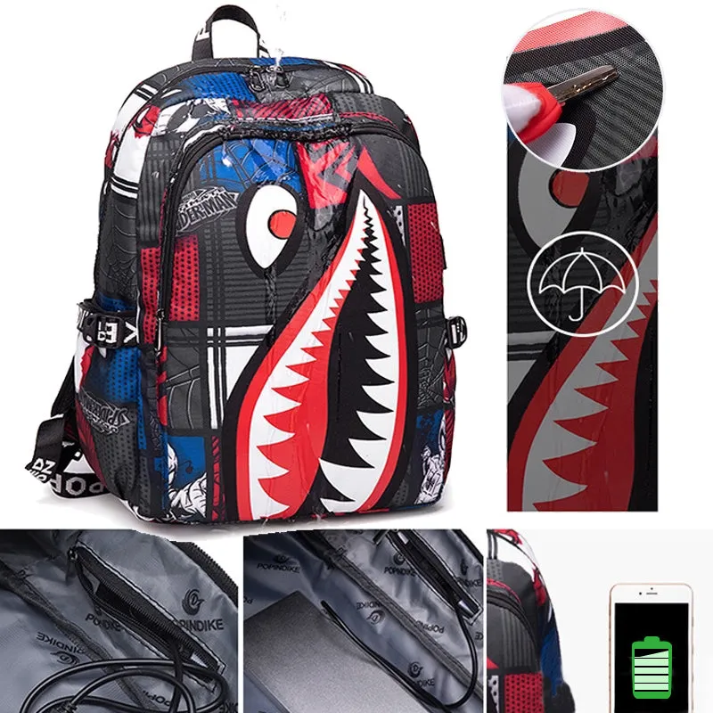 Kids USB Unique Shark Teeth School Backpacks - Black Blue Red Book Bags For Boys For Primary/Middle School