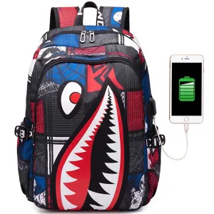 Kids USB Unique Shark Teeth School Backpacks - Black Blue Red Book Bags For Boys For Primary/Middle School